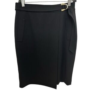 Calvin Klein Black  wrap-style pencil skirt with A gold-tone buckle‎ EUC